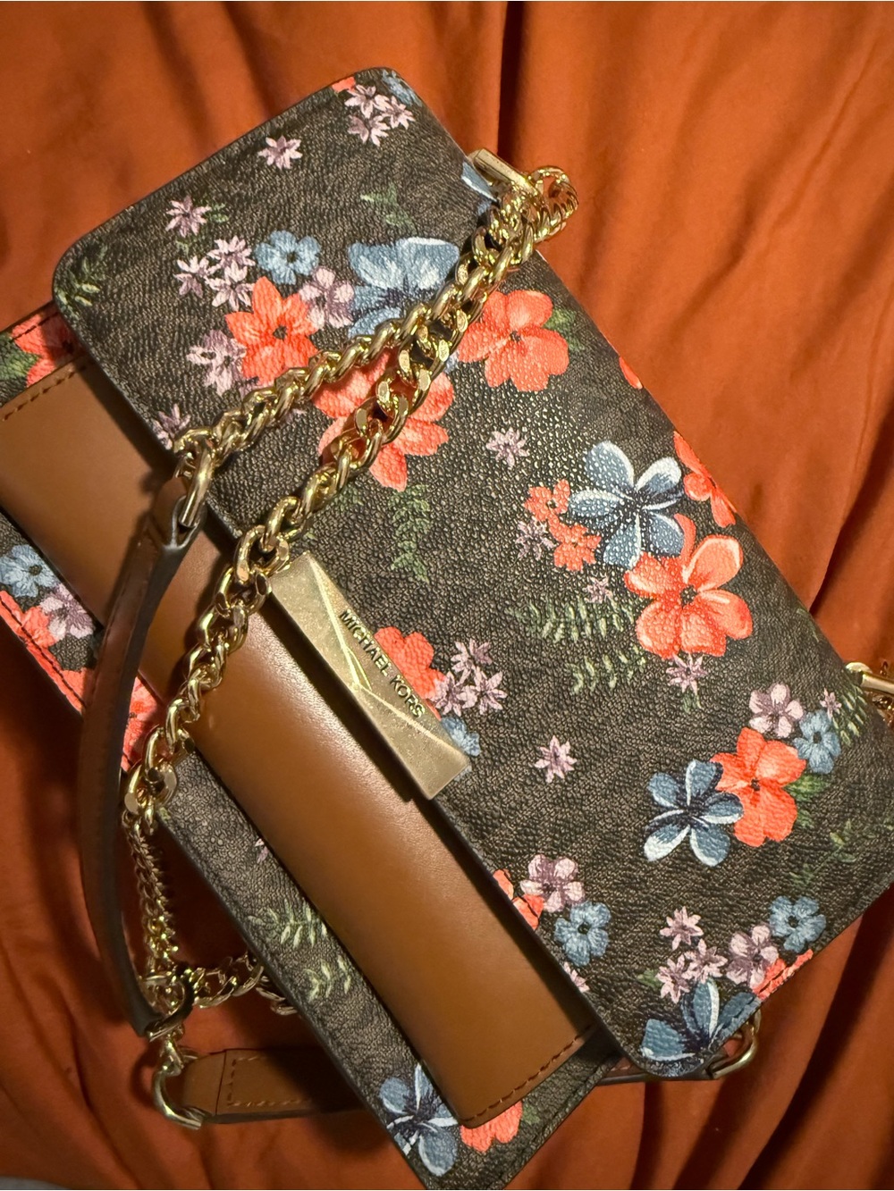 Michael Kors Brown Floral Chain Crossbody with Gold-Tone Hardware